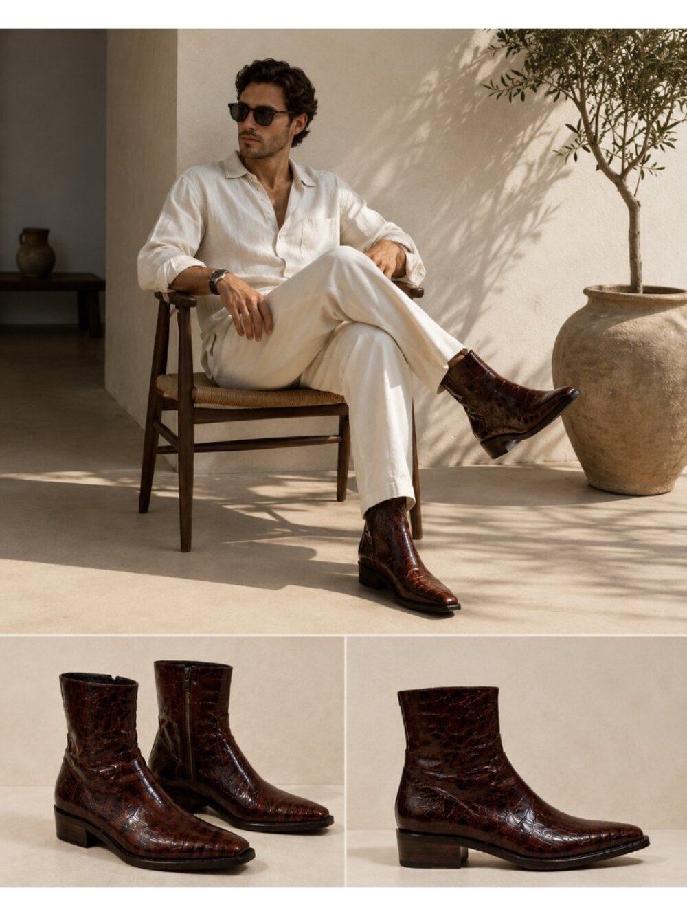 Cesare Paciotti Heroes Men's Croc Embossed Leather Ankle Boots Brown US 6 EU 39
